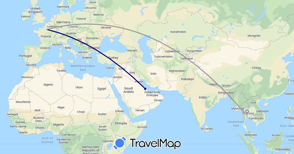 TravelMap itinerary: driving, plane in Bahrain, France, Thailand (Asia, Europe)